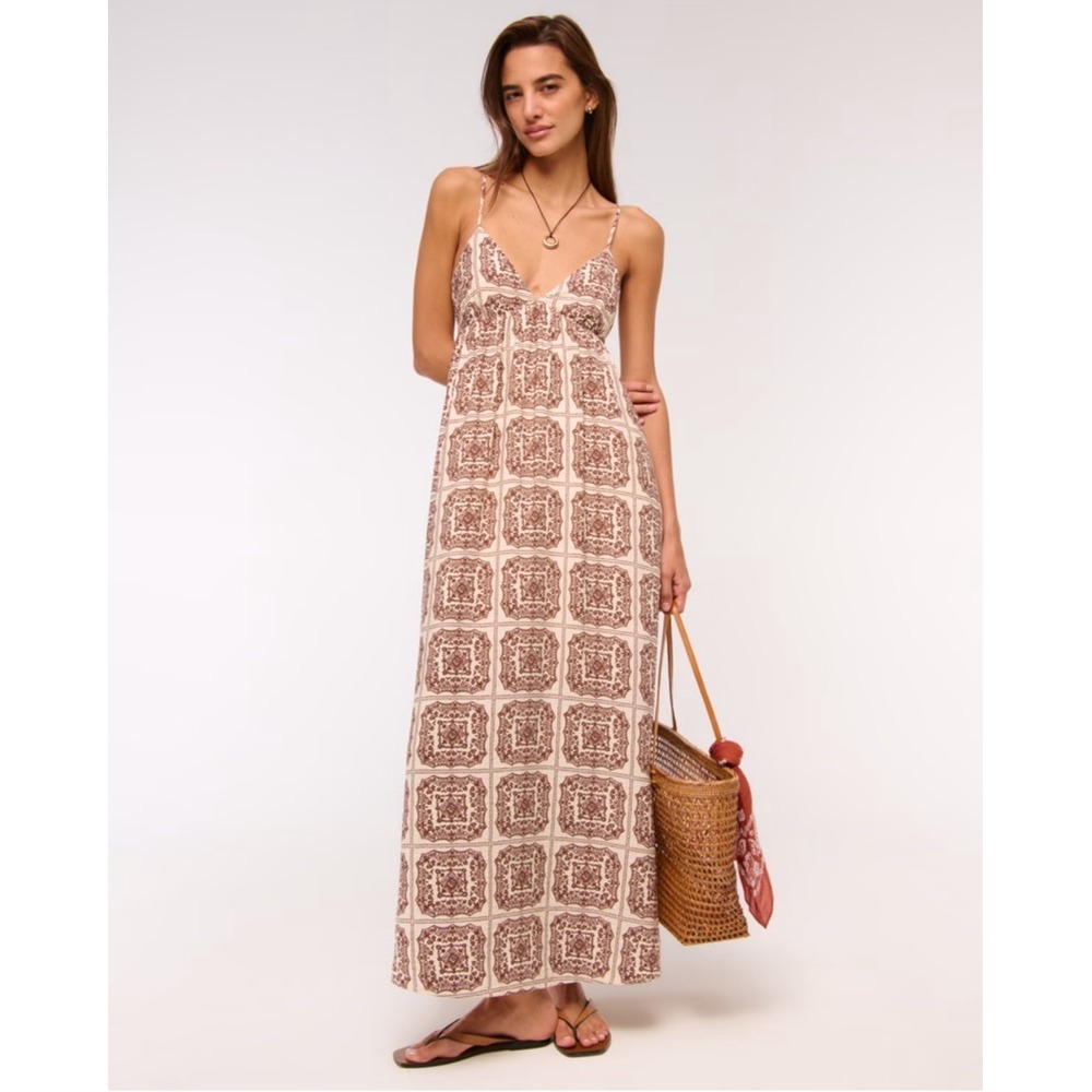 Abercrombie & Fitch Maxi Dress Womens Small Tall Brown Tile Print Boho Cutout